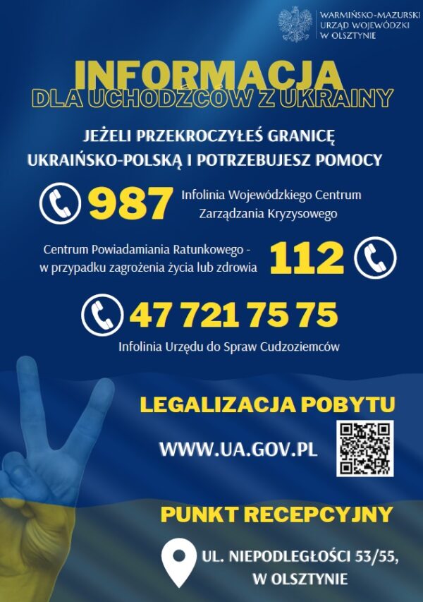 Jeżeli przekroczyłeś granicę ukraińsko-polską i potrzebujesz pomocy zadzwoń na infolinię Wojewódzkiego Centrum Zarządzania Kryzysowego tel. 987, numer tel. alarmowego 112 lub infolinia Urzędu do Spraw Cudzoziemców tel. 47 721 75 75